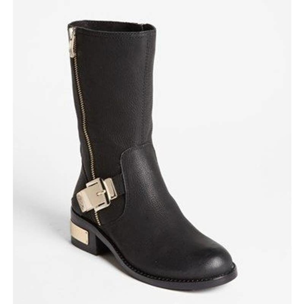 Vince Camuto Wex Moto Boot Black Leather Mid Calf Gold Hardware Ankle Boot, 8.5